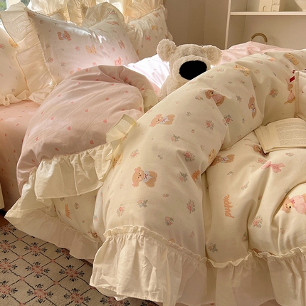 瑞莱 2025新款全棉韩版花边印花四件套 粉结帕博