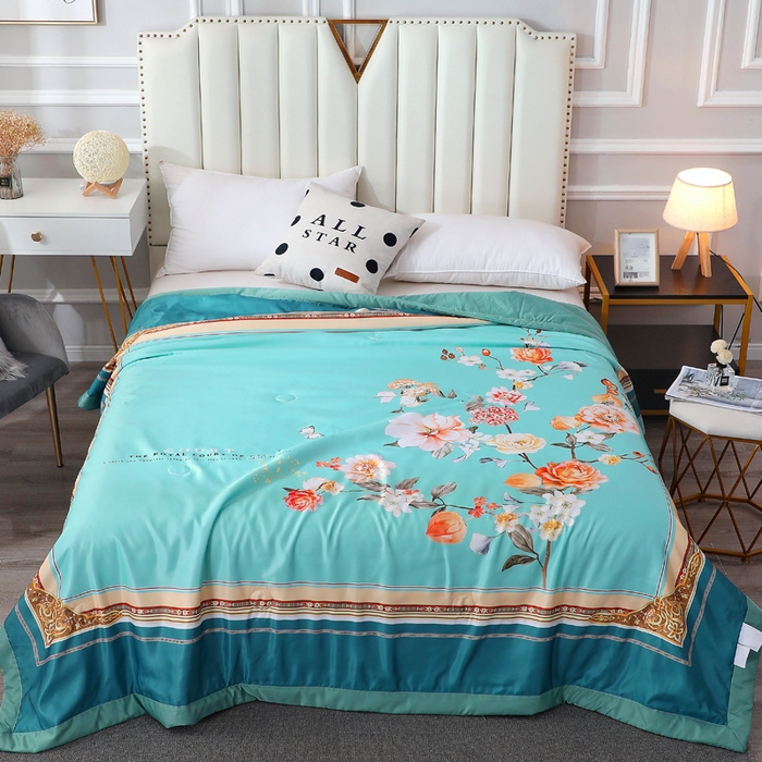 91家纺网 家纺一手货源 找家纺 贝兰仙奴 2025新款水洗天丝大中国风版夏被 富贵花开绿