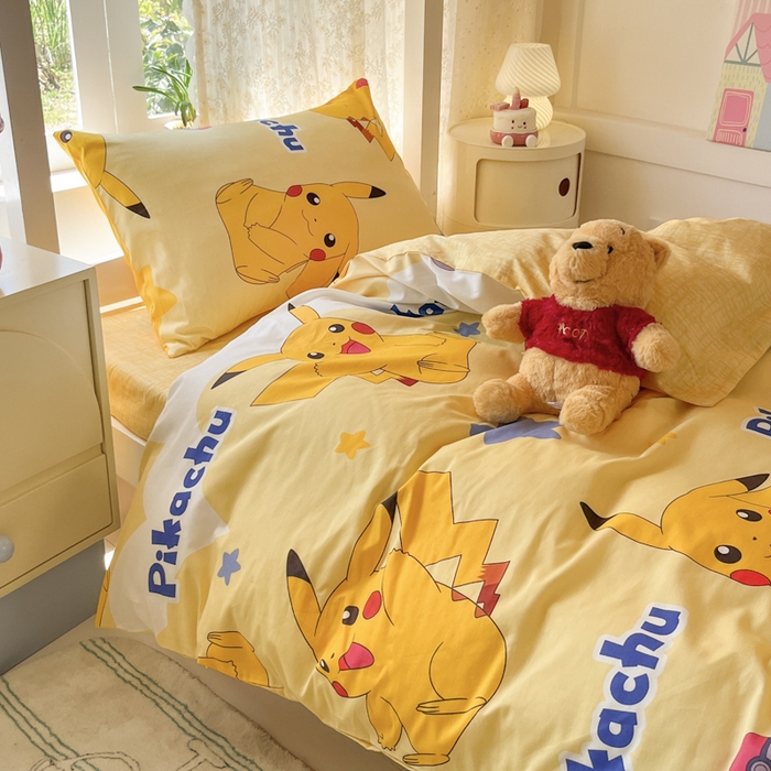 91家纺网 家纺一手货源 找家纺 （总）金爱家 2025新款宝可梦正版授权纯棉卡通皮卡丘学生宿舍三件套四件套系列