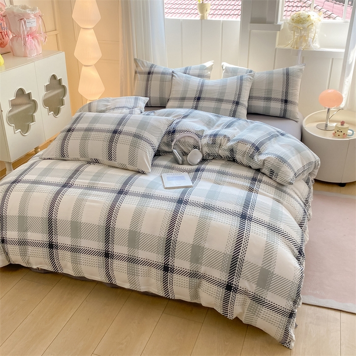 91家纺网 家纺一手货源 找家纺 慕木家纺 2025新品A类条纹简约无印风水洗棉床单款四件套条纹格系列（抽空压缩可跨境提供买家秀） 几何简格+中灰