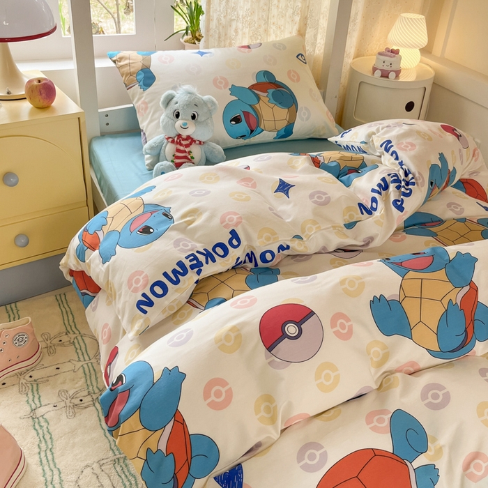 91家纺网 家纺一手货源 找家纺 金爱家 2025新款宝可梦正版授权纯棉卡通皮卡丘学生宿舍三件套四件套系列 棉宝可梦-欢快杰尼龟