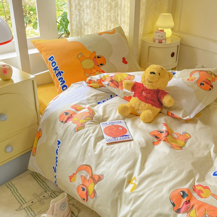 91家纺网 家纺一手货源 找家纺 金爱家 2025新款宝可梦正版授权纯棉卡通皮卡丘学生宿舍三件套四件套系列 棉宝可梦-开心喷火龙