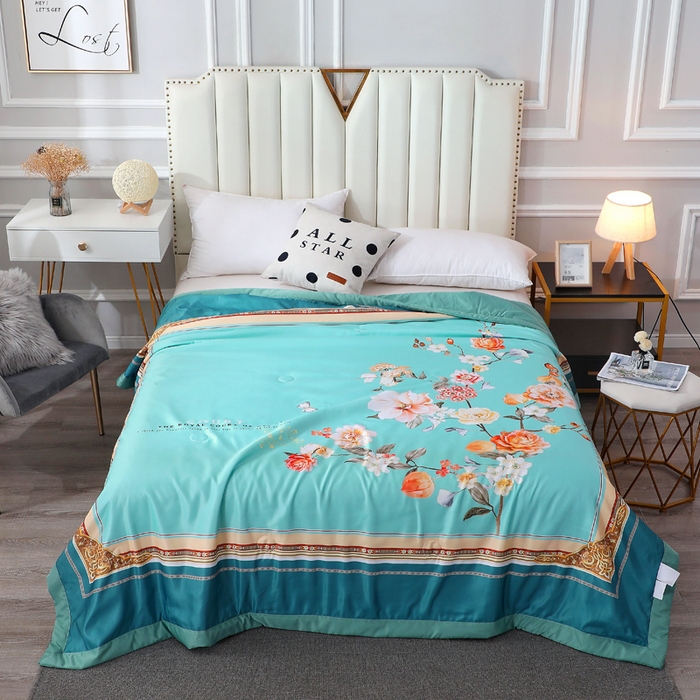 91家纺网 家纺一手货源 找家纺 贝兰仙奴 2025新款水洗天丝大中国风版夏被 富贵花开绿