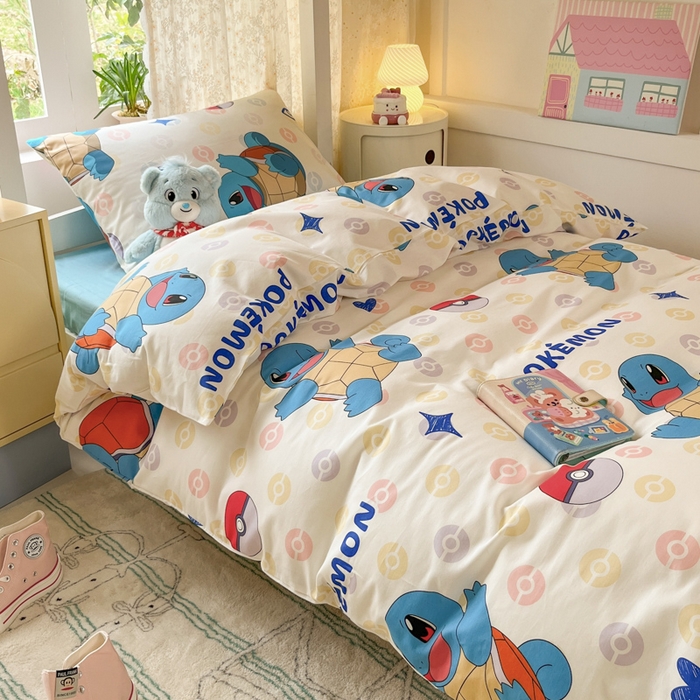 91家纺网 家纺一手货源 找家纺 金爱家 2025新款宝可梦正版授权纯棉卡通皮卡丘学生宿舍三件套四件套系列 棉宝可梦-欢快杰尼龟