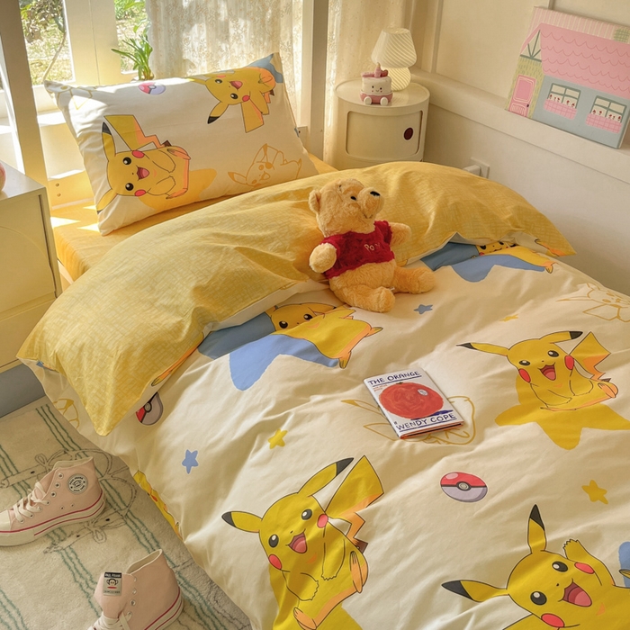 91家纺网 家纺一手货源 找家纺 金爱家 2025新款宝可梦正版授权纯棉卡通皮卡丘学生宿舍三件套四件套系列 棉宝可梦-星星比卡丘