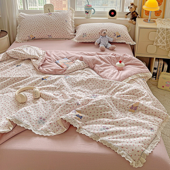 91家纺网 家纺一手货源 找家纺 一比一家纺 2026新款云感皱皱纱全棉花边款夏被四件套【控价109元】兔小姐