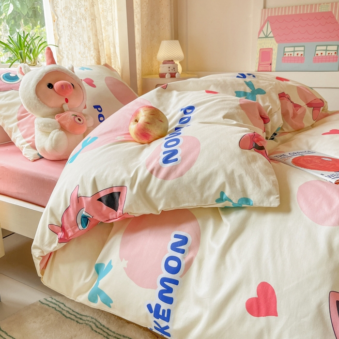 91家纺网 家纺一手货源 找家纺 金爱家 2025新款宝可梦正版授权纯棉卡通皮卡丘学生宿舍三件套四件套系列 棉宝可梦-蝴蝶结胖丁