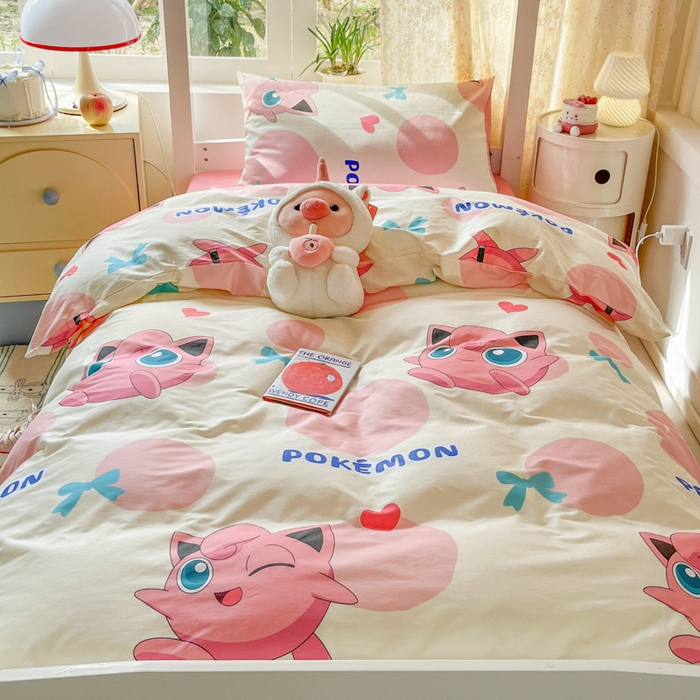 91家纺网 家纺一手货源 找家纺 金爱家 2025新款宝可梦正版授权纯棉卡通皮卡丘学生宿舍三件套四件套系列 棉宝可梦-蝴蝶结胖丁