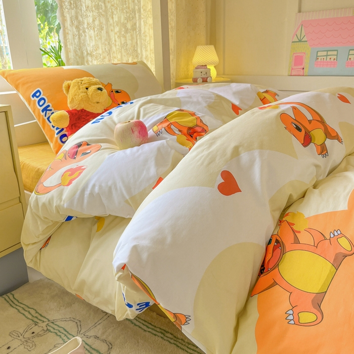 91家纺网 家纺一手货源 找家纺 金爱家 2025新款宝可梦正版授权纯棉卡通皮卡丘学生宿舍三件套四件套系列 棉宝可梦-开心喷火龙