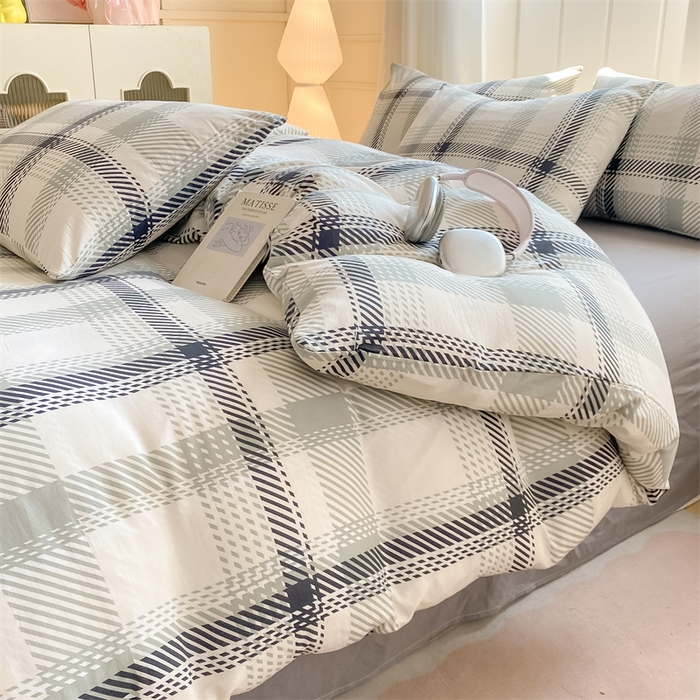 91家纺网 家纺一手货源 找家纺 慕木家纺 2025新品A类条纹简约无印风水洗棉床单款四件套条纹格系列（抽空压缩可跨境提供买家秀） 几何简格+中灰