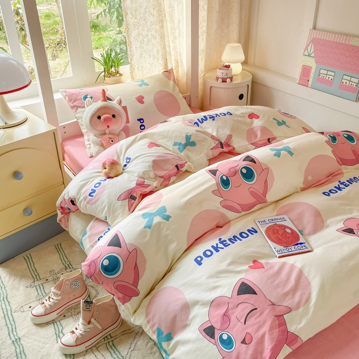 91家纺网 家纺一手货源 找家纺 金爱家 2025新款宝可梦正版授权纯棉卡通皮卡丘学生宿舍三件套四件套系列 棉宝可梦-蝴蝶结胖丁