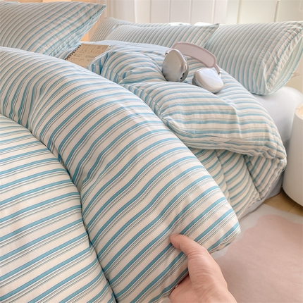 慕木家纺 2025新品A类条纹简约无印风水洗棉床单款四件套条纹格系列（抽空压缩可跨境提供买家秀） 空山条绿+浅蓝