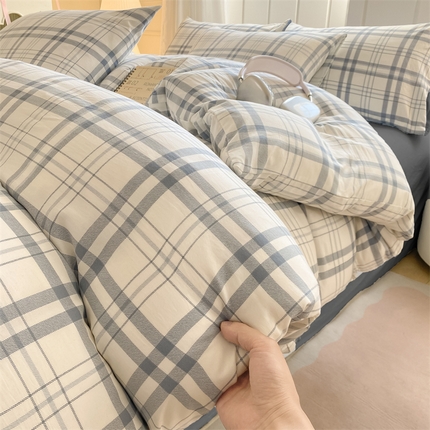 慕木家纺 2025新品A类条纹简约无印风水洗棉床单款四件套条纹格系列（抽空压缩可跨境提供买家秀） 云语絮格+蓝灰