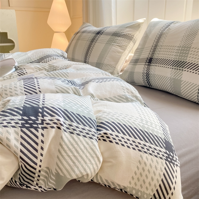 91家纺网 家纺一手货源 找家纺 慕木家纺 2025新品A类条纹简约无印风水洗棉床单款四件套条纹格系列（抽空压缩可跨境提供买家秀） 几何简格+中灰