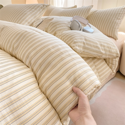 慕木家纺 2025新品A类条纹简约无印风水洗棉床单款四件套条纹格系列（抽空压缩可跨境提供买家秀） 空山条黄+奶黄