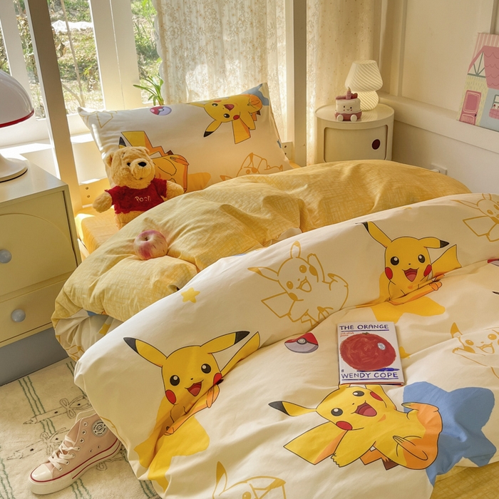 91家纺网 家纺一手货源 找家纺 金爱家 2025新款宝可梦正版授权纯棉卡通皮卡丘学生宿舍三件套四件套系列 棉宝可梦-星星比卡丘