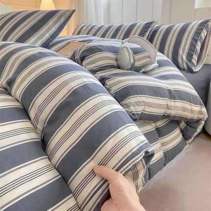 慕木家纺 2025新品A类条纹简约无印风水洗棉床单款四件套条纹格系列（抽空压缩可跨境提供买家秀） 天竺蓝灰+深灰