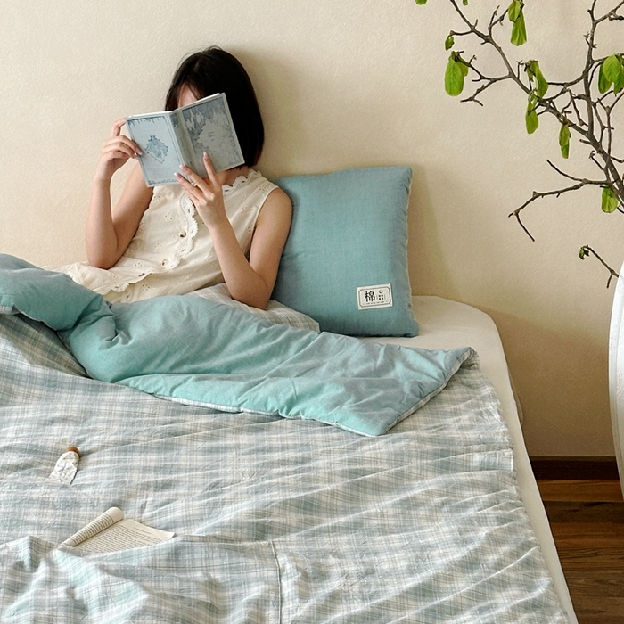 91家纺网 家纺一手货源 找家纺 多米家居 2025新款全棉水洗棉抱枕被 极光-绿