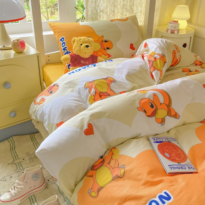 91家纺网 家纺一手货源 找家纺 金爱家 2025新款宝可梦正版授权纯棉卡通皮卡丘学生宿舍三件套四件套系列 棉宝可梦-开心喷火龙