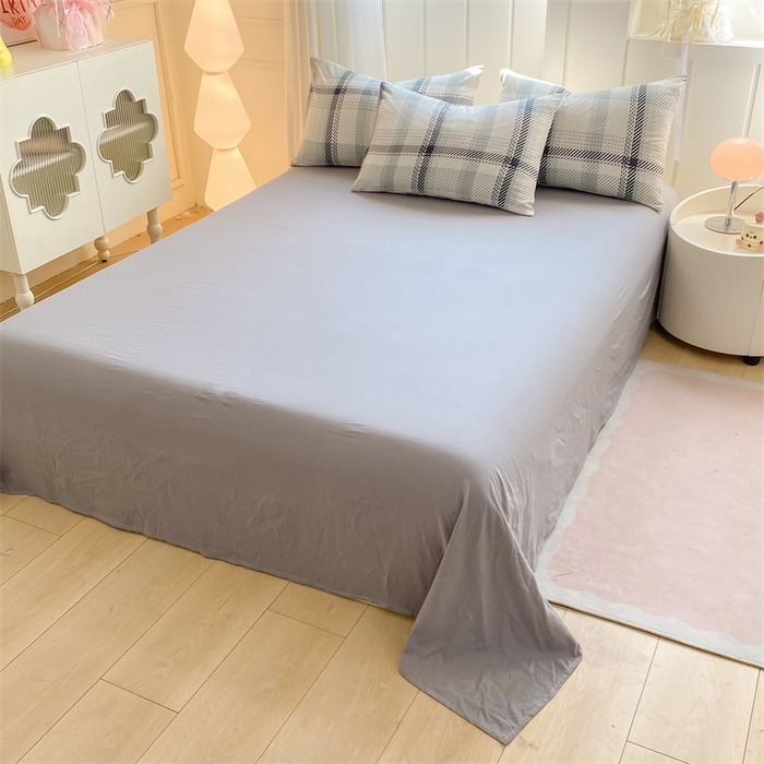 91家纺网 家纺一手货源 找家纺 慕木家纺 2025新品A类条纹简约无印风水洗棉床单款四件套条纹格系列（抽空压缩可跨境提供买家秀） 几何简格+中灰