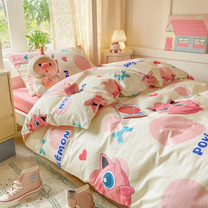 91家纺网 家纺一手货源 找家纺 金爱家 2025新款宝可梦正版授权纯棉卡通皮卡丘学生宿舍三件套四件套系列 棉宝可梦-蝴蝶结胖丁