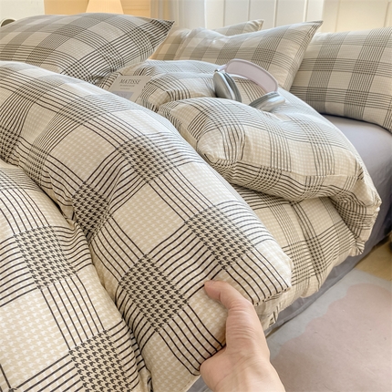 慕木家纺 2025新品A类条纹简约无印风水洗棉床单款四件套条纹格系列（抽空压缩可跨境提供买家秀） 暗影千鸟+中灰