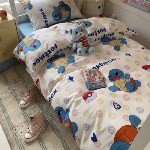 91家纺网 家纺一手货源 找家纺 金爱家 2025新款宝可梦正版授权纯棉卡通皮卡丘学生宿舍三件套四件套系列 棉宝可梦-欢快杰尼龟