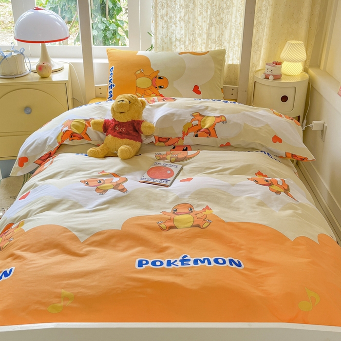 91家纺网 家纺一手货源 找家纺 金爱家 2025新款宝可梦正版授权纯棉卡通皮卡丘学生宿舍三件套四件套系列 棉宝可梦-开心喷火龙
