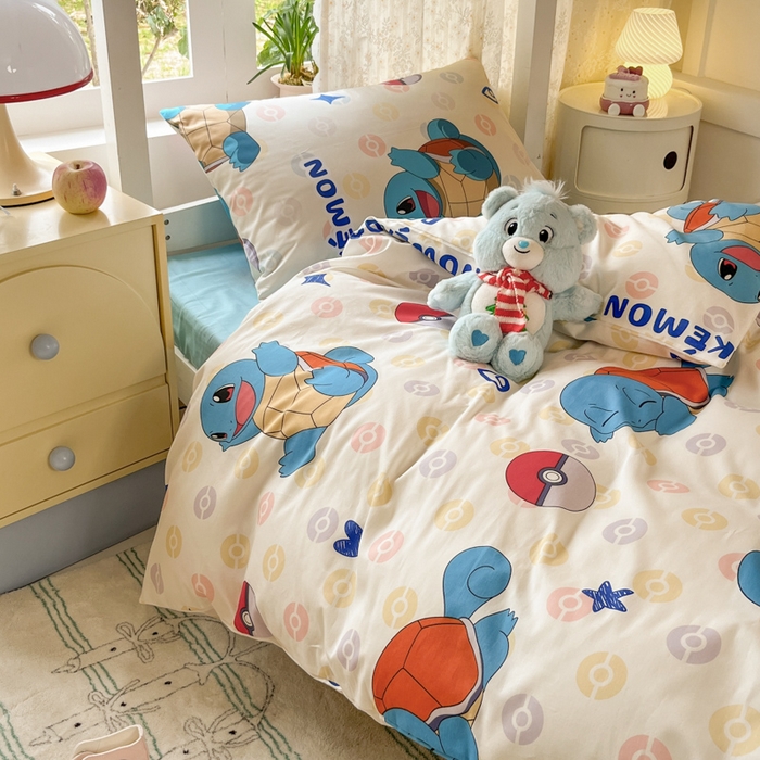 91家纺网 家纺一手货源 找家纺 金爱家 2025新款宝可梦正版授权纯棉卡通皮卡丘学生宿舍三件套四件套系列 棉宝可梦-欢快杰尼龟