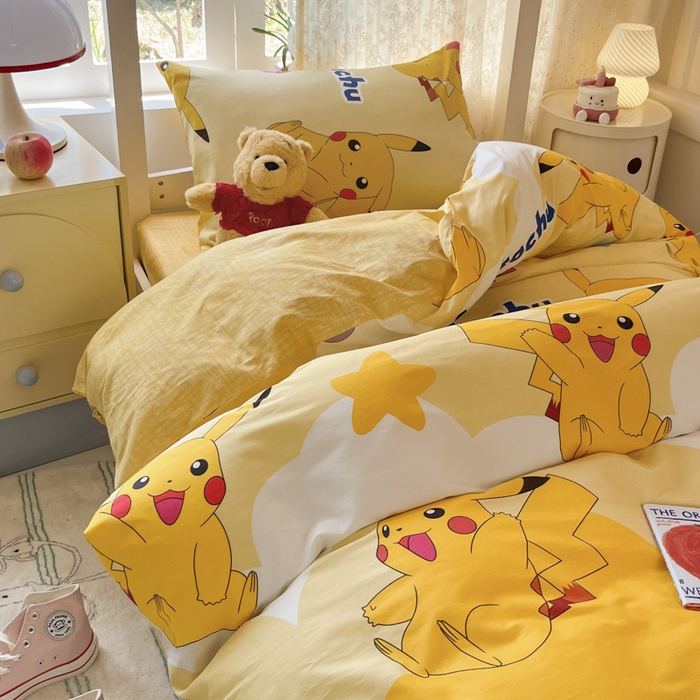 91家纺网 家纺一手货源 找家纺 （总）金爱家 2025新款宝可梦正版授权纯棉卡通皮卡丘学生宿舍三件套四件套系列