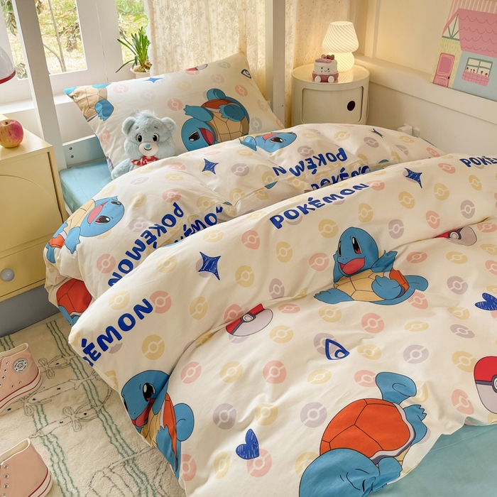 91家纺网 家纺一手货源 找家纺 金爱家 2025新款宝可梦正版授权纯棉卡通皮卡丘学生宿舍三件套四件套系列 棉宝可梦-欢快杰尼龟