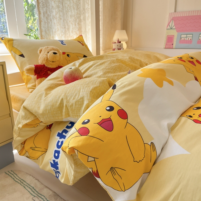 91家纺网 家纺一手货源 找家纺 （总）金爱家 2025新款宝可梦正版授权纯棉卡通皮卡丘学生宿舍三件套四件套系列