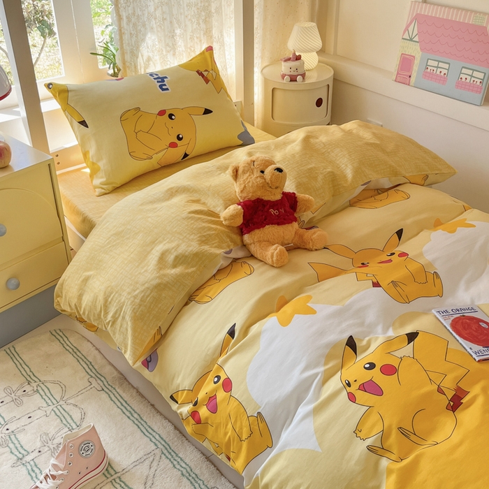 91家纺网 家纺一手货源 找家纺 （总）金爱家 2025新款宝可梦正版授权纯棉卡通皮卡丘学生宿舍三件套四件套系列