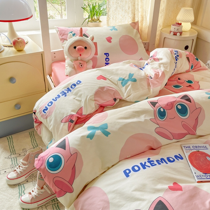 91家纺网 家纺一手货源 找家纺 金爱家 2025新款宝可梦正版授权纯棉卡通皮卡丘学生宿舍三件套四件套系列 棉宝可梦-蝴蝶结胖丁