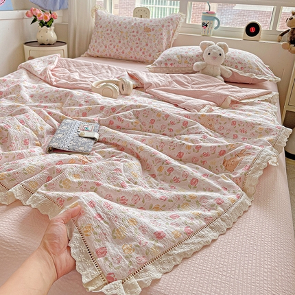 一比一家纺 2026新款云感皱皱纱全棉花边款夏被四件套【控价109元】郁金香小兔