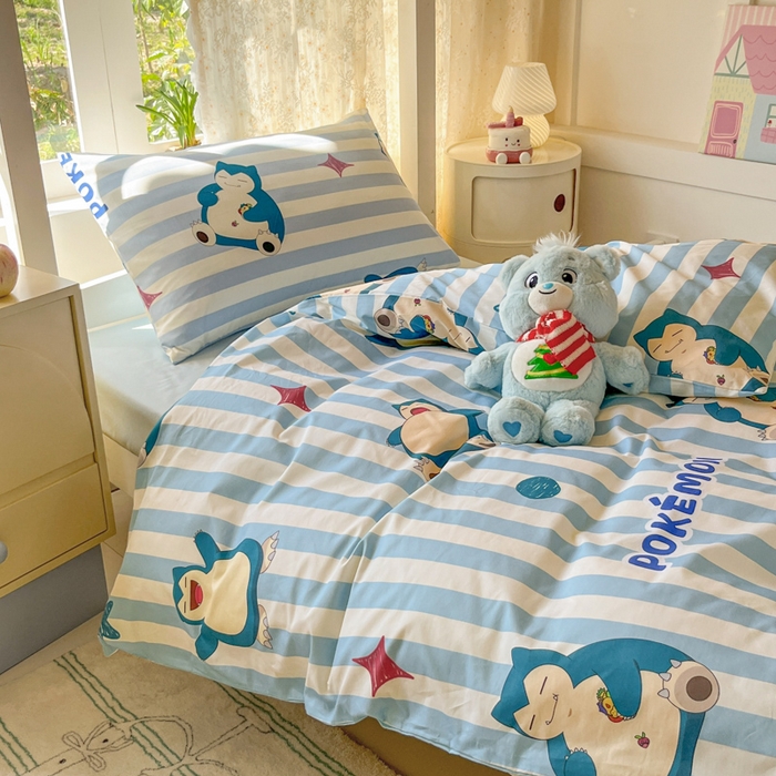 91家纺网 家纺一手货源 找家纺 金爱家 2025新款宝可梦正版授权纯棉卡通皮卡丘学生宿舍三件套四件套系列 棉宝可梦-蓝条卡比兽