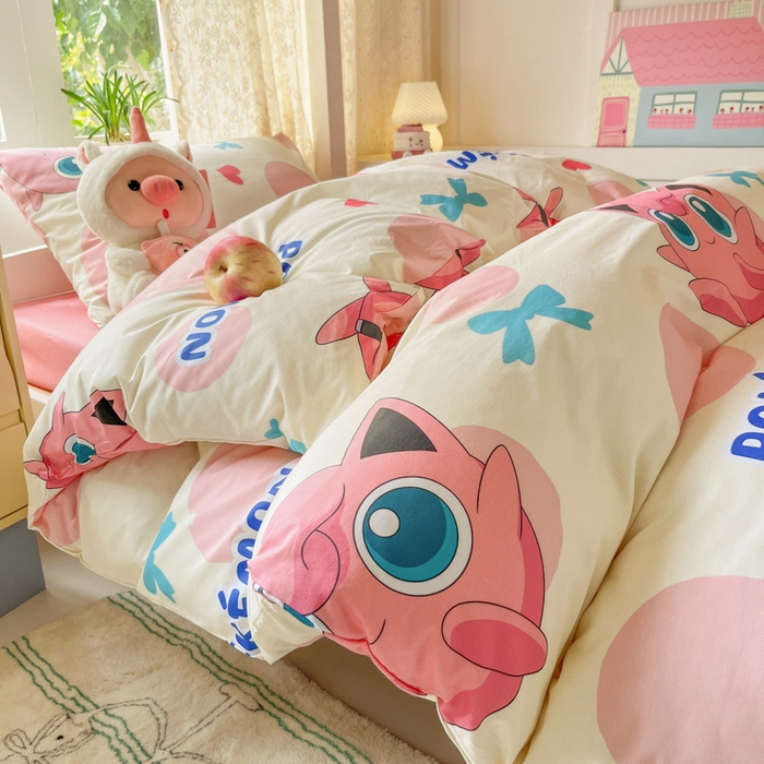 91家纺网 家纺一手货源 找家纺 金爱家 2025新款宝可梦正版授权纯棉卡通皮卡丘学生宿舍三件套四件套系列 棉宝可梦-蝴蝶结胖丁