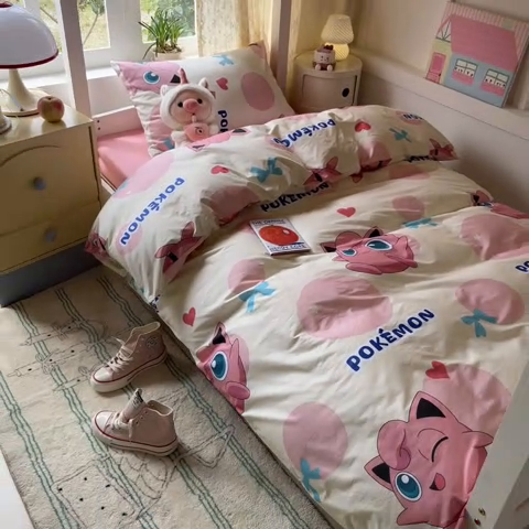 91家纺网 家纺一手货源 找家纺 金爱家 2025新款宝可梦正版授权纯棉卡通皮卡丘学生宿舍三件套四件套系列 棉宝可梦-蝴蝶结胖丁