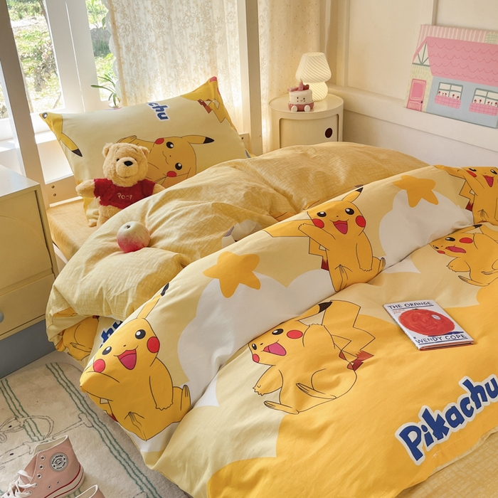 91家纺网 家纺一手货源 找家纺 金爱家 2025新款宝可梦正版授权纯棉卡通皮卡丘学生宿舍三件套四件套系列 棉宝可梦-宝贝比卡丘