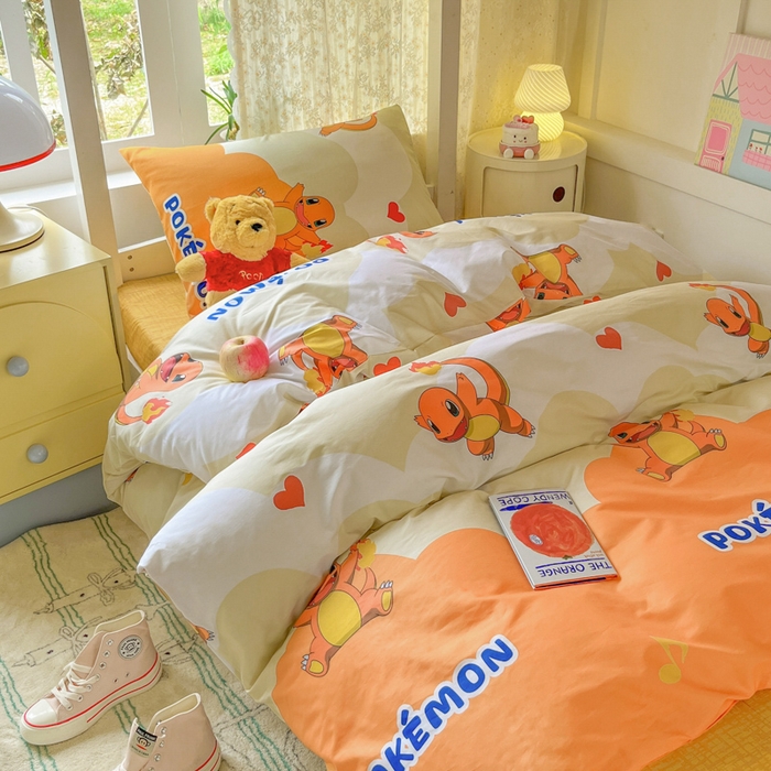 91家纺网 家纺一手货源 找家纺 金爱家 2025新款宝可梦正版授权纯棉卡通皮卡丘学生宿舍三件套四件套系列 棉宝可梦-开心喷火龙