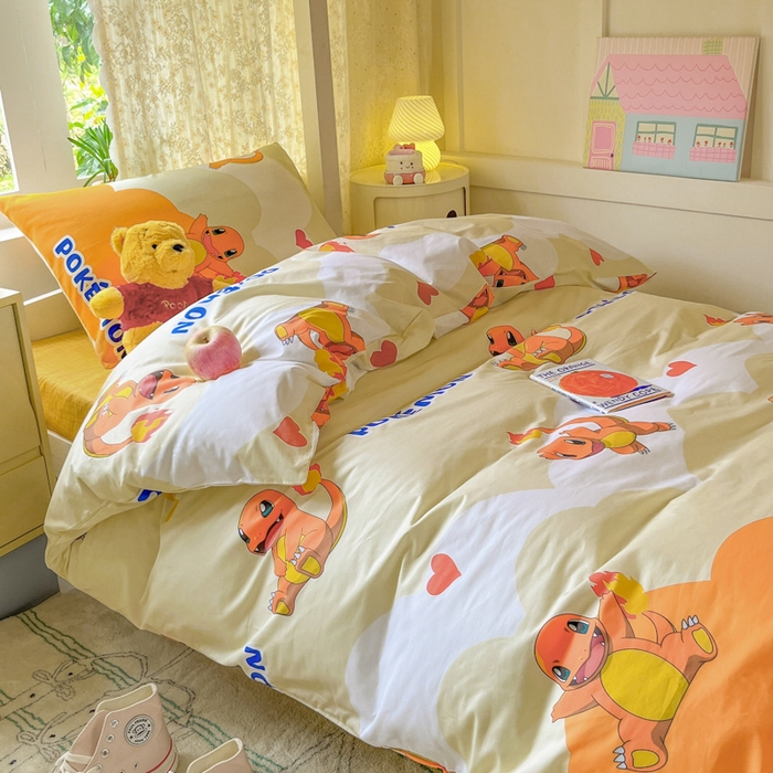 91家纺网 家纺一手货源 找家纺 金爱家 2025新款宝可梦正版授权纯棉卡通皮卡丘学生宿舍三件套四件套系列 棉宝可梦-开心喷火龙