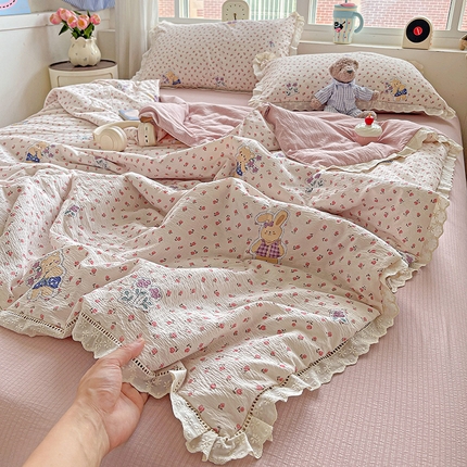 一比一家纺 2026新款云感皱皱纱全棉花边款夏被四件套【控价109元】兔小姐