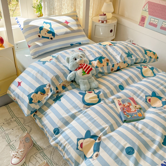 91家纺网 家纺一手货源 找家纺 金爱家 2025新款宝可梦正版授权纯棉卡通皮卡丘学生宿舍三件套四件套系列 棉宝可梦-蓝条卡比兽