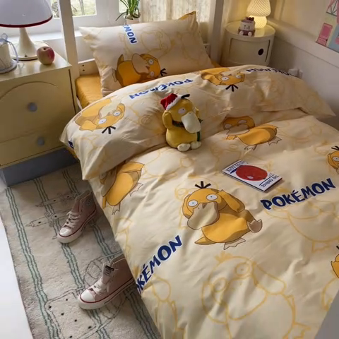 91家纺网 家纺一手货源 找家纺 金爱家 2025新款宝可梦正版授权纯棉卡通皮卡丘学生宿舍三件套四件套系列 棉宝可梦-奶黄可达鸭