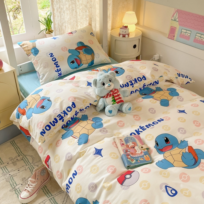 91家纺网 家纺一手货源 找家纺 金爱家 2025新款宝可梦正版授权纯棉卡通皮卡丘学生宿舍三件套四件套系列 棉宝可梦-欢快杰尼龟