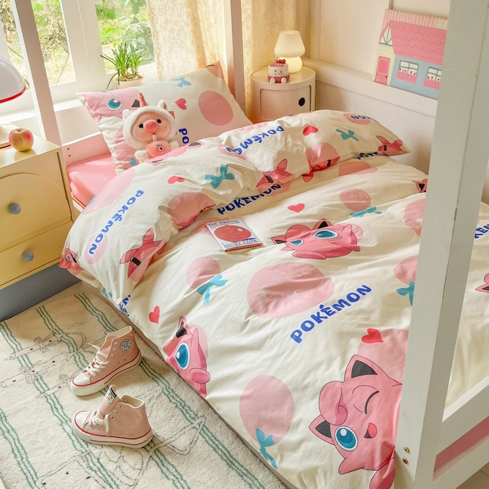 91家纺网 家纺一手货源 找家纺 金爱家 2025新款宝可梦正版授权纯棉卡通皮卡丘学生宿舍三件套四件套系列 棉宝可梦-蝴蝶结胖丁