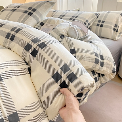 慕木家纺 2025新品A类条纹简约无印风水洗棉床单款四件套条纹格系列（抽空压缩可跨境提供买家秀） 林间影格+中灰