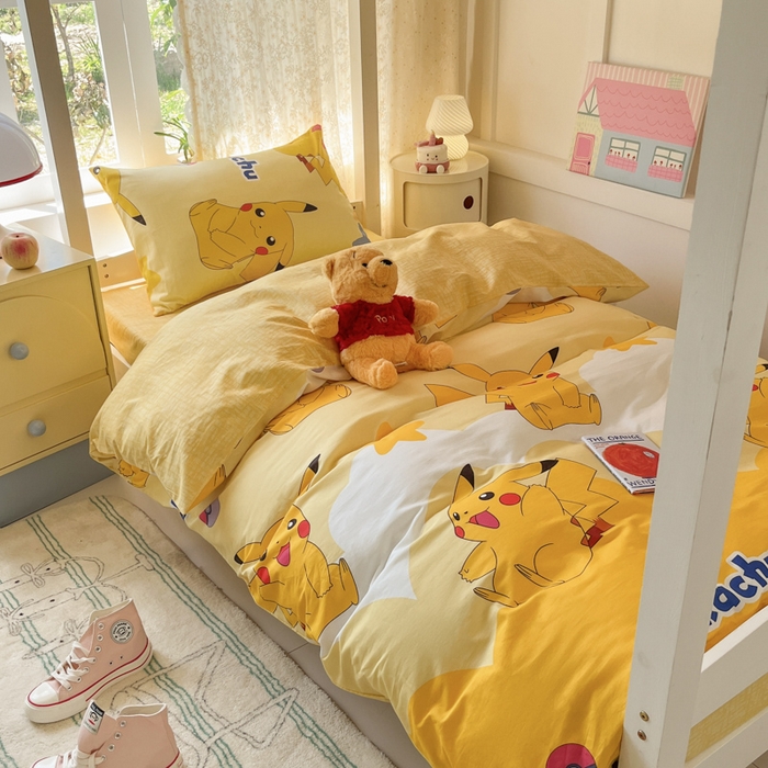 91家纺网 家纺一手货源 找家纺 金爱家 2025新款宝可梦正版授权纯棉卡通皮卡丘学生宿舍三件套四件套系列 棉宝可梦-宝贝比卡丘