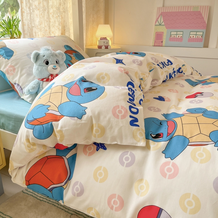 91家纺网 家纺一手货源 找家纺 金爱家 2025新款宝可梦正版授权纯棉卡通皮卡丘学生宿舍三件套四件套系列 棉宝可梦-欢快杰尼龟