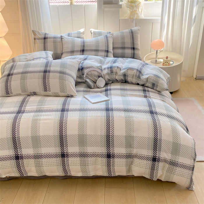 91家纺网 家纺一手货源 找家纺 慕木家纺 2025新品A类条纹简约无印风水洗棉床单款四件套条纹格系列（抽空压缩可跨境提供买家秀） 几何简格+中灰